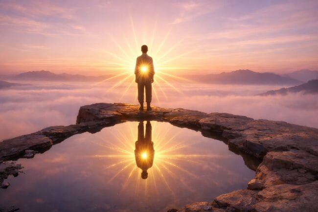 8 Types of Love — person with glowing chest light on rock, symbolizing Agape and Philautia in serene reflection