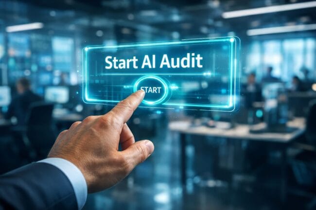 Startup Growth 2026: Scale Fast & Smart — hand pointing to digital interface, symbolizing AI audit initiation