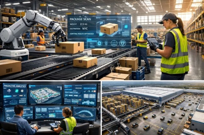 Amazon Layoffs 2026: 16,000 Jobs Cut in Efficiency Push — AI-generated image of warehouse with AI-driven analytics and automation systems