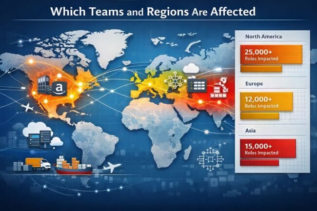 Amazon Layoffs 2026: 16,000 Jobs Cut in Efficiency Push — AI-generated image of world map showing job cuts across North America, Europe, and Asia
