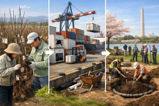 America 250 Cherry Trees, Japan’s Historic Gift Explained — AI-generated illustration of cherry trees being inspected, shipped, and planted near Washington Monument