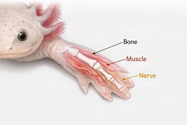 Axolotl Regeneration Genes — AI-generated close-up of axolotl limb with labeled bone, muscle, and nerve structures