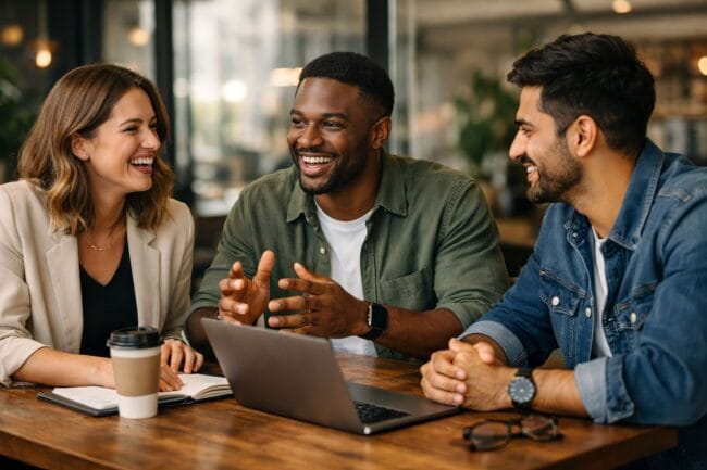 Startup Growth 2026: Scale Fast & Smart — team discussion around laptop, symbolizing community-led strategy