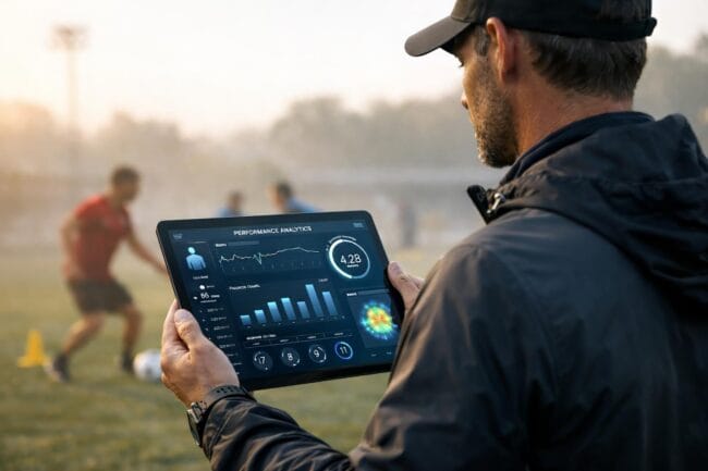 Coach analyzing player stats on tablet during training