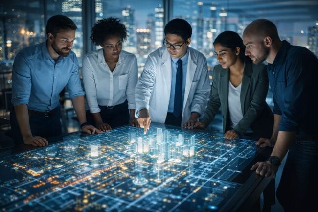 Global Migration Policies 2026 — group around digital map, symbolizing demographic analysis and migration strategy