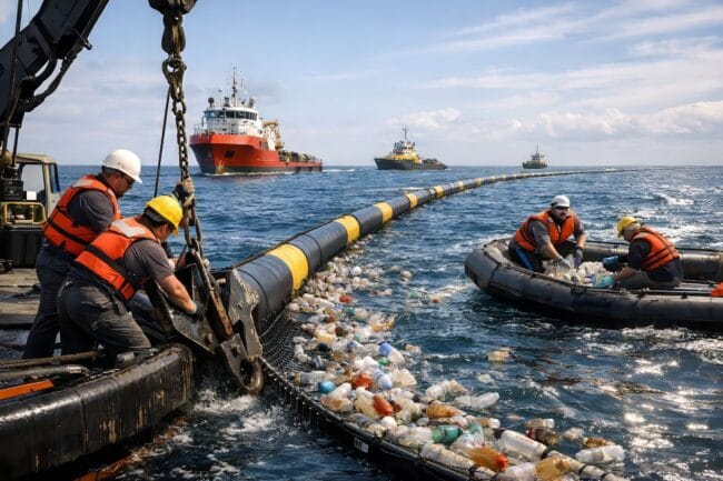 Dutch 600m Floating System — AI-generated image of workers on boat deploying floating barrier in ocean