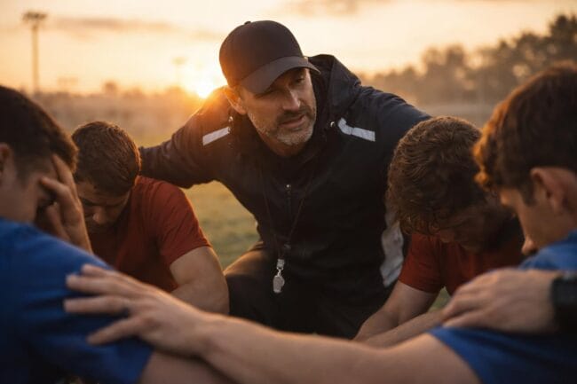 Coach consoling players after a tough loss