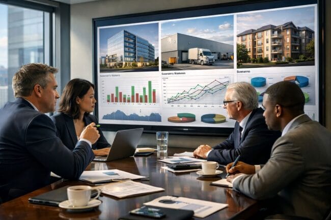 Estate Investing Strategies 2026 — AI-generated image of professionals reviewing charts and building models in a business meeting