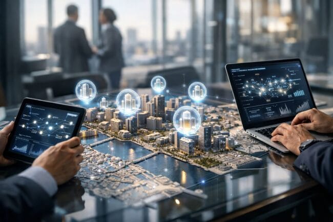 Estate Investing Strategies 2026 — AI-generated image of users interacting with virtual city model via tablets and blockchain interfaces
