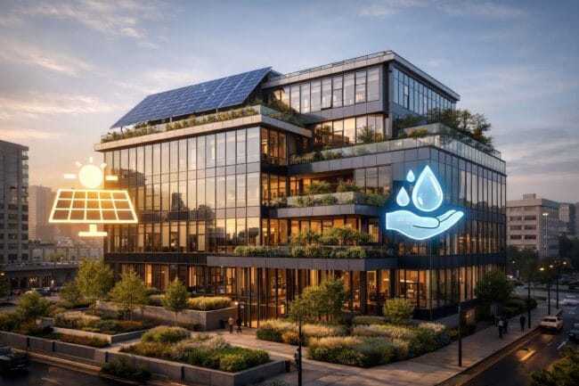 Estate Investing Strategies 2026 — AI-generated image of eco-friendly building with solar panels and greenery