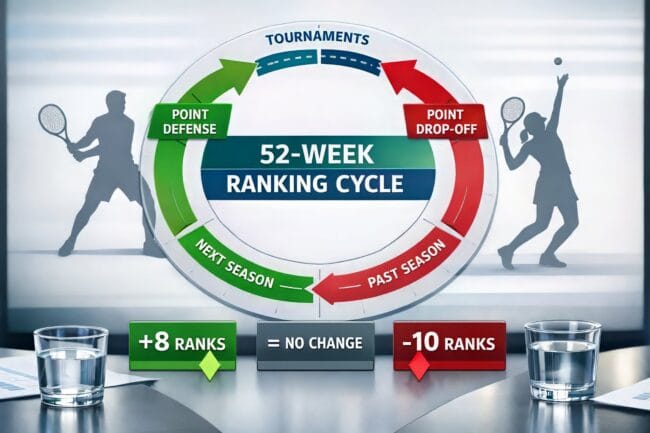 How Tennis Rankings Really Work — AI-generated graphic of 52-week cycle with arrows showing points earned and dropped