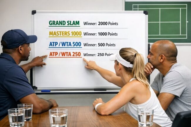 How Tennis Rankings Really Work — AI-generated image showing Grand Slam, Masters 1000, ATP/WTA 500 and 250 point values