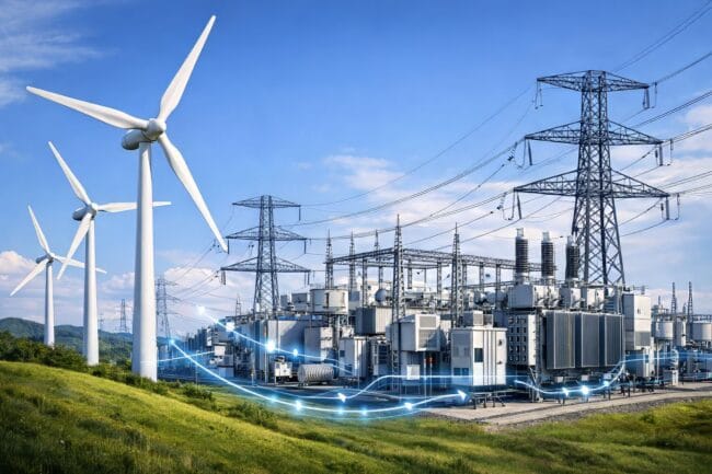 How Wind Energy Works — AI-generated image of wind turbines near power station with digital electricity flow graphics