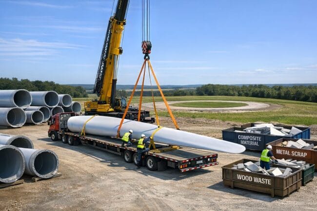 How Wind Energy Works — AI-generated image of crane lifting turbine blade with labeled recycling bins and workers in safety gear