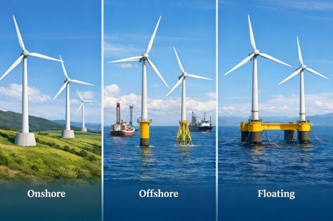 How Wind Energy Works — AI-generated image comparing onshore, offshore, and floating wind turbines in various environments