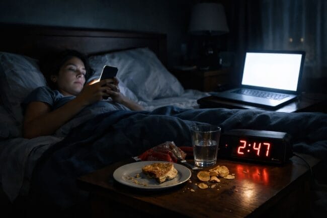 Improve Sleep Quality — AI-generated image of person using phone in bed at 2:47 AM with food and drink nearby