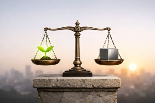 Balanced scale with green checkmark and black X, symbolizing tension between governance and freedom