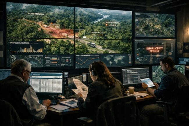 Norway’s Amazing Win: The 1st Deforestation-Free Nation — AI-generated image of control room with forest surveillance and policy enforcement systems