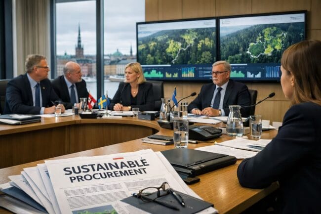 Norway’s Amazing Win: The 1st Deforestation-Free Nation — AI-generated image of policy meeting with sustainable procurement document and governance team