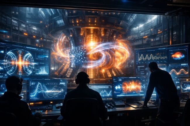 Nuclear Fusion 2026: The Race for Infinite Clean Energy — AI-generated image of scientists using AI interfaces to monitor fusion reactor systems