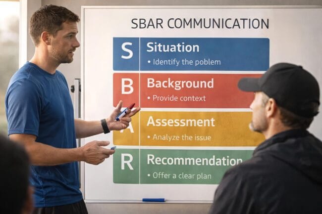 Coach and assistant reviewing SBAR communication chart during team strategy session