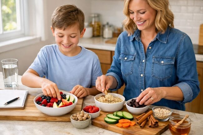 Stop Sugar Cravings Naturally — AI-generated image of woman and child preparing berries and nuts together in a cozy kitchen