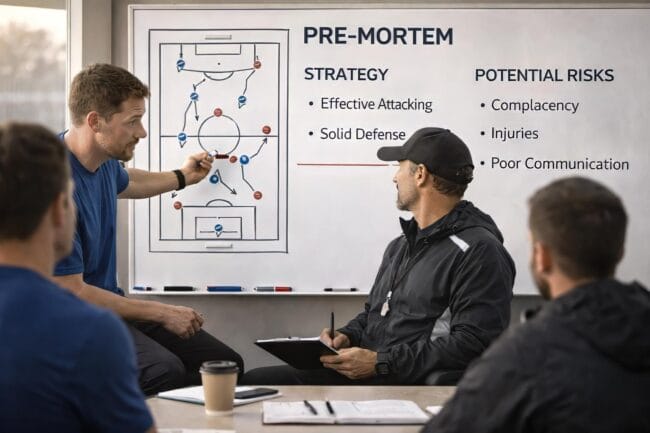 Coaches discussing potential risks using pre-mortem analysis chart