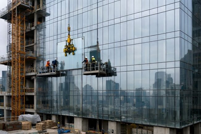 Transparent Solar Reaches 14.7% Efficiency, A Major Leap — AI-generated image of workers installing transparent solar glass panels on building facade