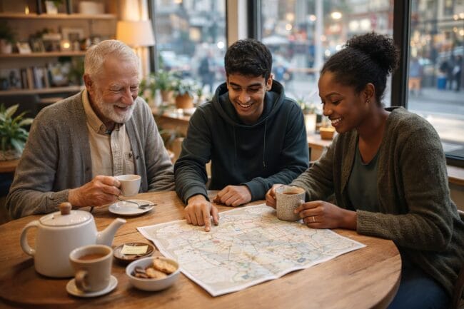 People gathered around table with map and coffee, symbolizing participatory urban design for social well-being