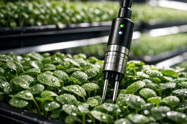 Close-up of sensor monitoring leafy greens in trays, highlighting precision agriculture in vertical farming