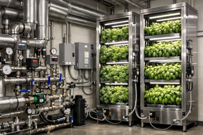 High-tech farming setup with pipes and vertical racks, representing infrastructure behind urban agriculture
