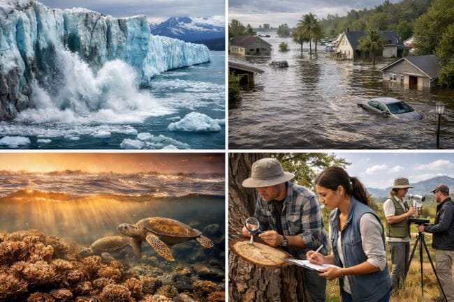What Is Climate Change? — AI-generated collage of melting glaciers, flooding, coral bleaching, and field scientists