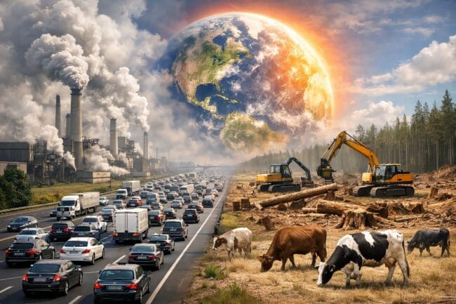 What Is Climate Change? — AI-generated image contrasting pollution with renewable energy and reforestation efforts