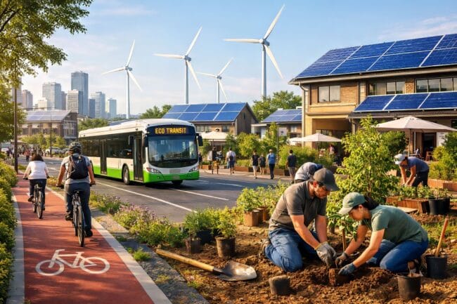 What Is Climate Change? — AI-generated image of sustainable city with wind turbines, solar panels, and tree planting