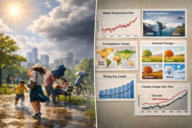 What Is Climate Change? — AI-generated image of weather events and climate trend chart comparing temperature and sea level rise