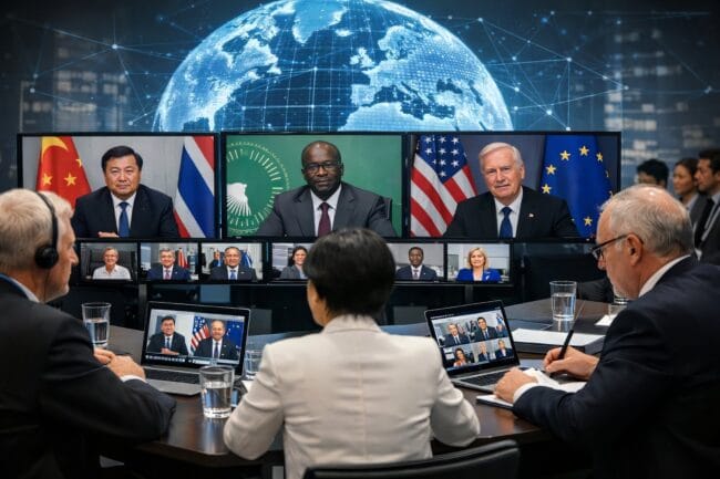 What Is Diplomacy — AI-generated image of virtual diplomatic meeting with global leaders and digital globe backdrop
