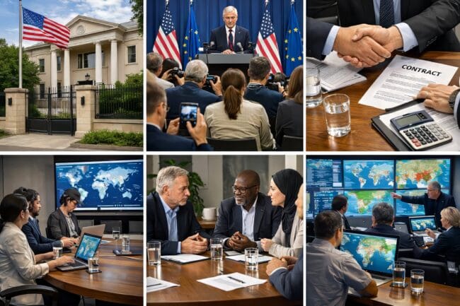 What Is Diplomacy — AI-generated collage showing formal meetings, handshakes, document reviews, and digital strategy tools