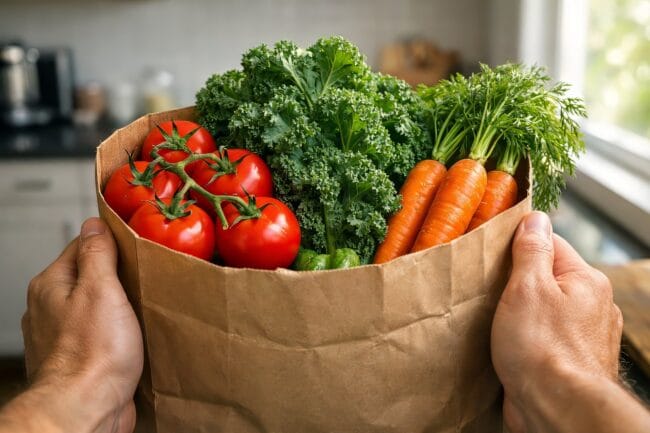 Will Food Prices Fall in 2026 — person holding grocery bag with fresh vegetables, symbolizing seasonal and local purchasing tips