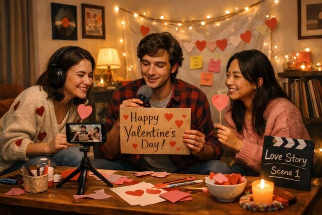 Zero-Cost Valentine’s Day — AI-generated image of couple filming “Love Story Scene 1” with Valentine’s decorations