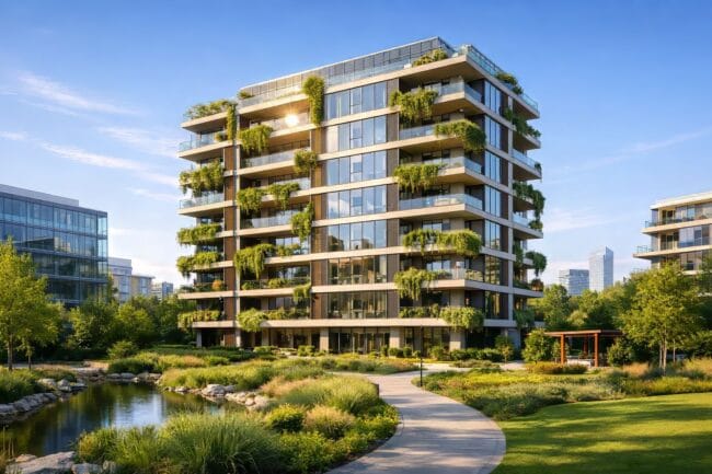 10-Story Building: China’s Incredible 28-Hour Feat — AI-generated image of modern residential building surrounded by greenery