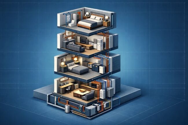 10-Story Building: China’s Incredible 28-Hour Feat — AI-generated digital rendering of modular stacked living units