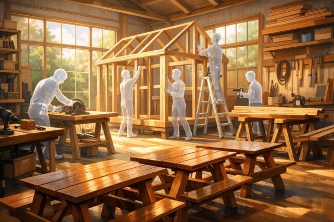 Marcel LeBrun’s heroic 99-home gift for Canada’s homeless — AI-generated image of workshop with people crafting and woodworking