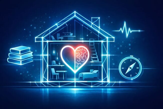 Marcel LeBrun’s heroic 99-home gift for Canada’s homeless — AI-generated image of glowing digital house with health and education icons