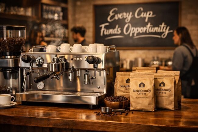 Marcel LeBrun’s heroic 99-home gift for Canada’s homeless — AI-generated image of cozy coffee shop with barista