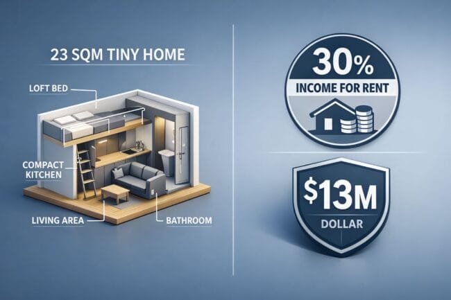Marcel LeBrun’s heroic 99-home gift for Canada’s homeless — AI-generated image of tiny home layout diagram with financial statistics