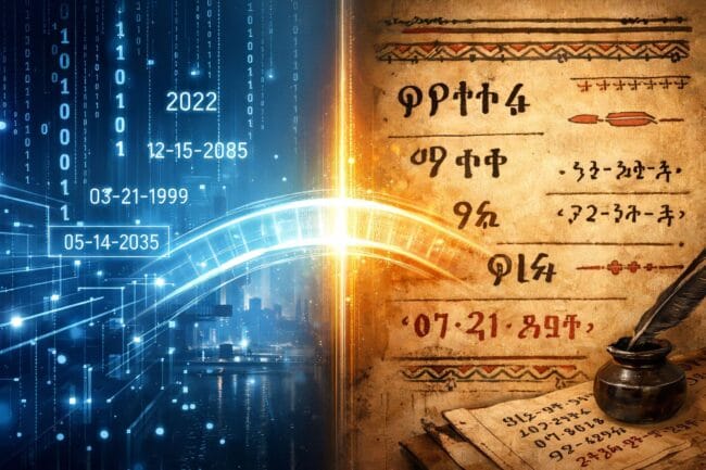 The Stunning Reason Ethiopia is 8 Years Behind the World — AI-generated image of binary code and ancient scroll with handwritten dates