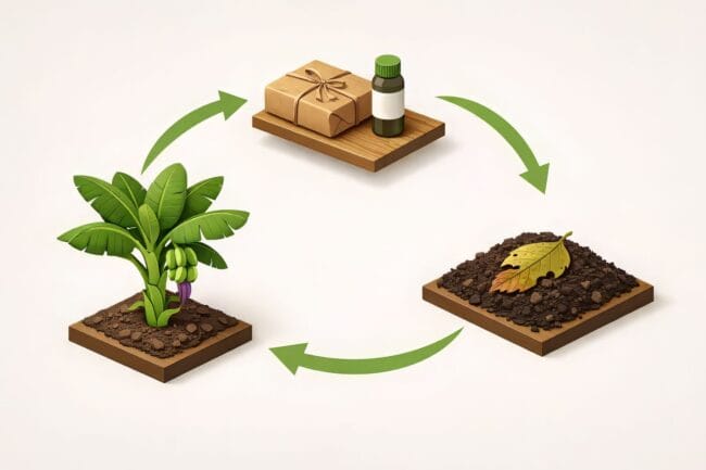 Banana Leaves vs Plastic: 1 Amazing Way to Save Earth — AI-generated image of circular flow diagram with seedlings and soil