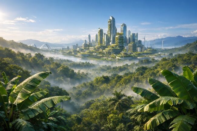 Banana Leaves vs Plastic: 1 Amazing Way to Save Earth — AI-generated image of futuristic city in lush forest