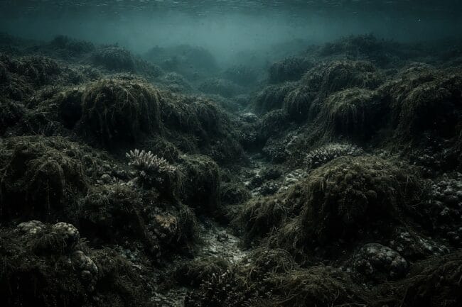 Coral Reefs: The Alarming 2026 Deadline for Global Collapse — AI-generated image of deteriorating marine vegetation in murky underwater scene