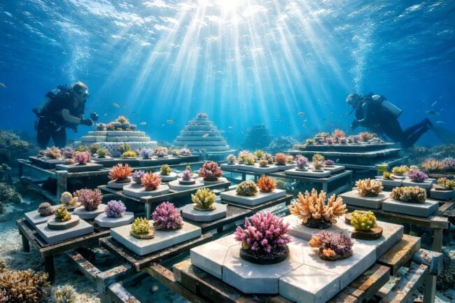 Coral Reefs: The Alarming 2026 Deadline for Global Collapse — AI-generated image of underwater artificial reef grid supporting coral regeneration